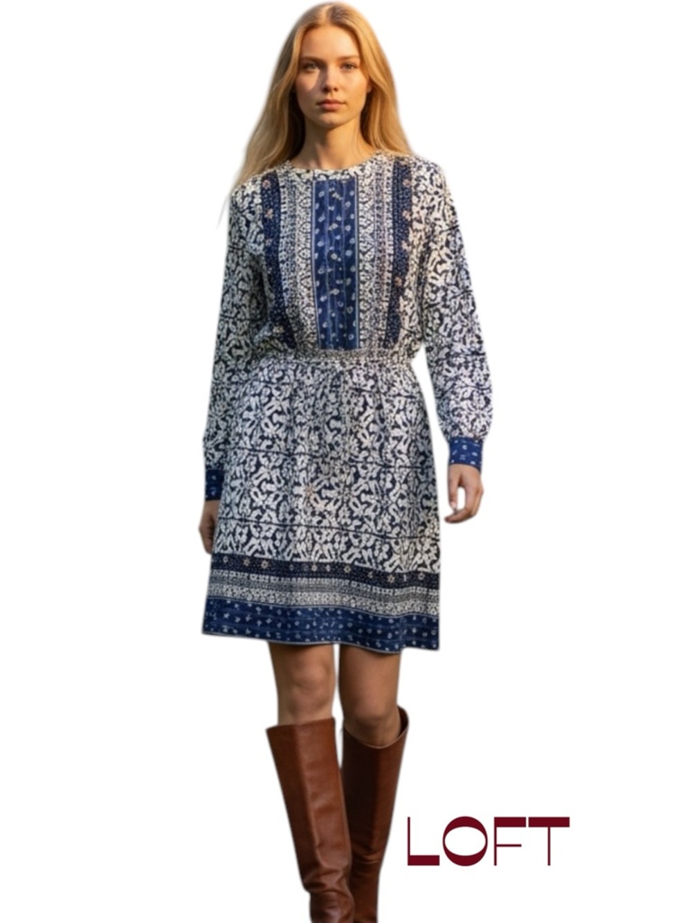 LOFT Navy White Floral Long Sleeve Belted Dress NWOT Size S Coastal Cowgirl